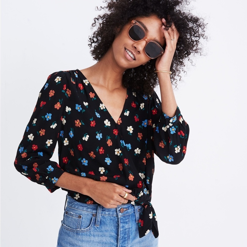 Madewell Floral Wrap Top Blouse Black Ditsy Print Tie Front Long Sleeve Size S